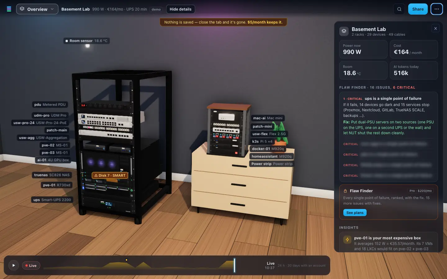 Flaw Finder panel over the demo lab: the UPS is a single point of failure, with the devices that go dark and the fix