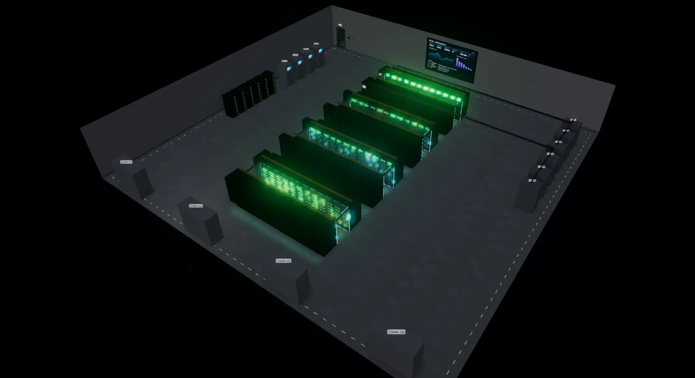 A data hall in DC Sim with the lights off: racks glow green from their LEDs.