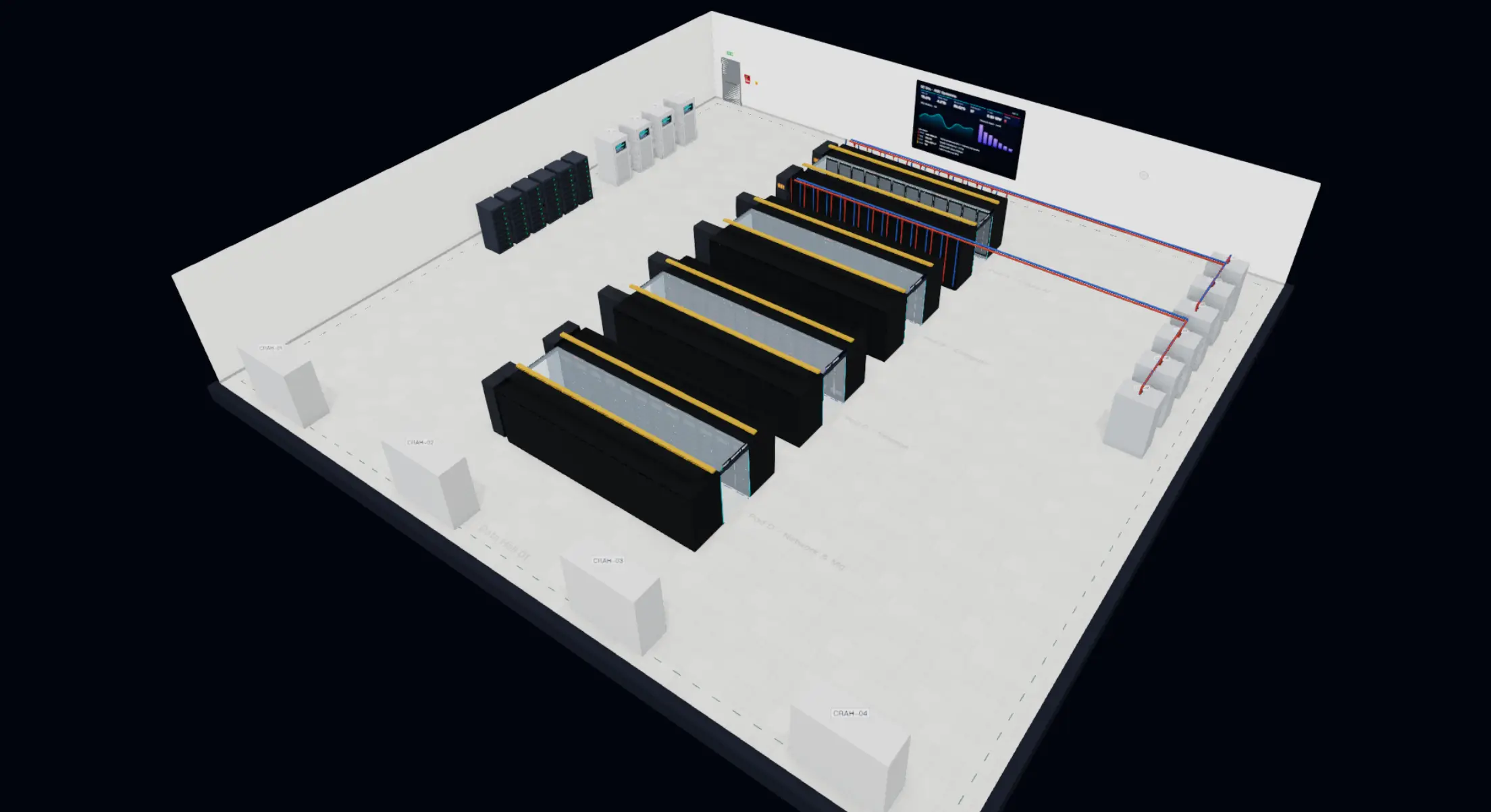 A data hall in DC Sim with the lights on: rows of black racks on a light floor.