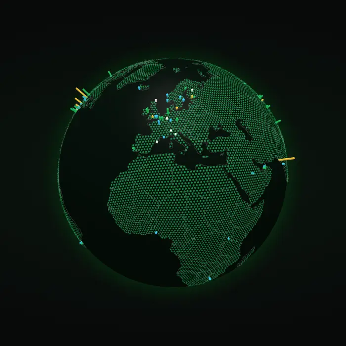 The earth with the famous data centers as pins, Europe and Africa facing