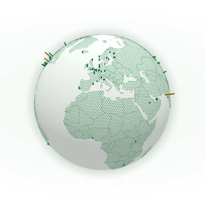The earth with the famous data centers as pins, Europe and Africa facing