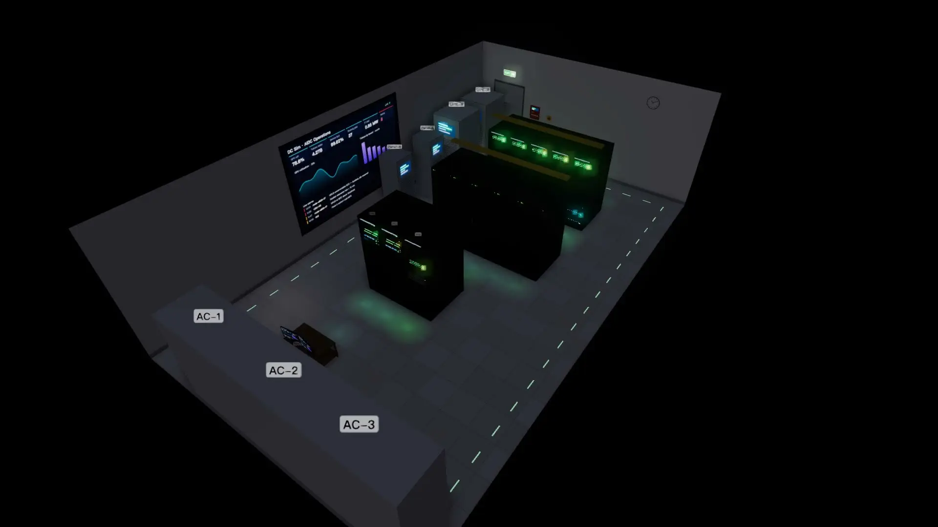Eine Rechenzentrumshalle in DC Sim bei ausgeschaltetem Licht: Rack-Reihen leuchten grün durch ihre LEDs, die Monitorwand des NOC ist beleuchtet.