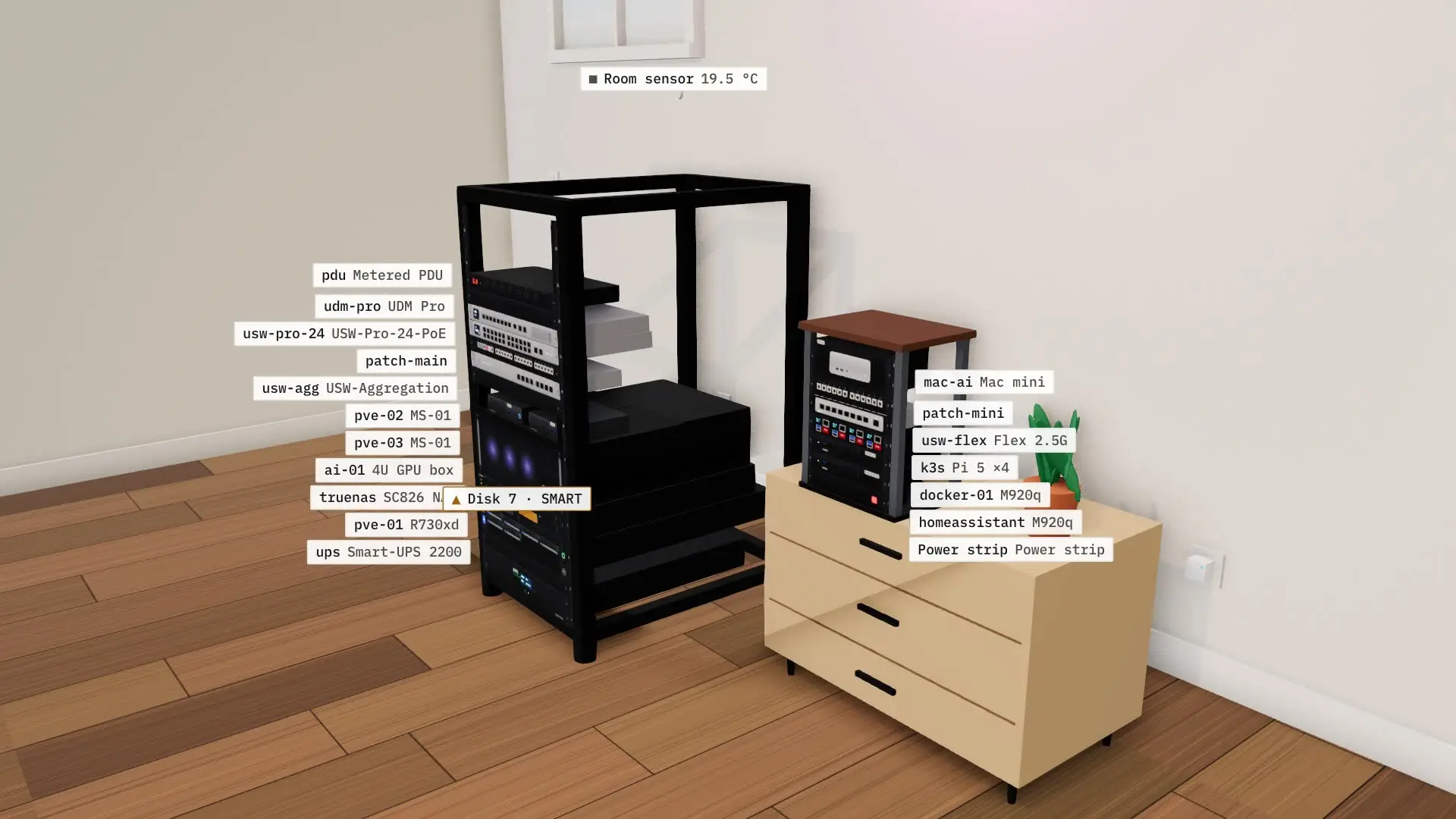 The demo lab in 3D with the room lights on, in a bright office