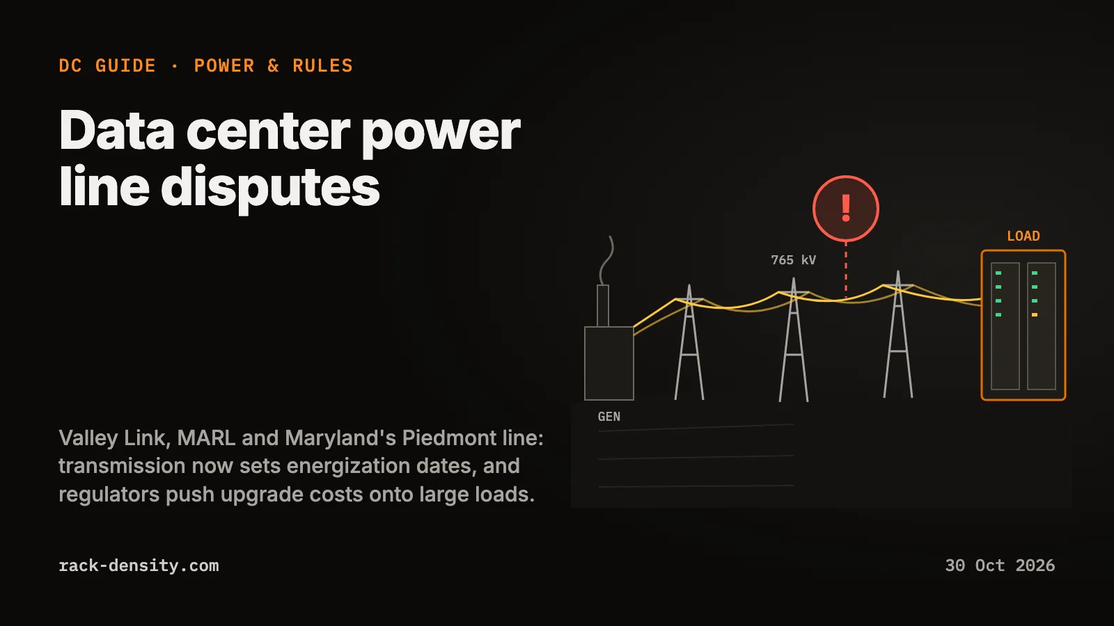 A long transmission line crossing farmland from a power source to a cluster of data center racks, with a dispute marker on the route